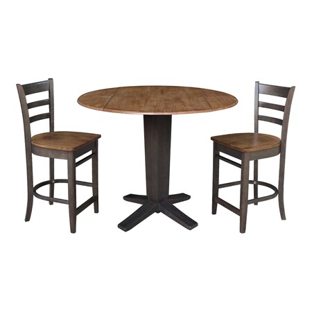 International Concepts 42 in. Solid Wood Dual Drop Leaf Dining Table with 2 Counter Height Stools in Hickory/Washed Coal K45-42DPT-23-S6172-2